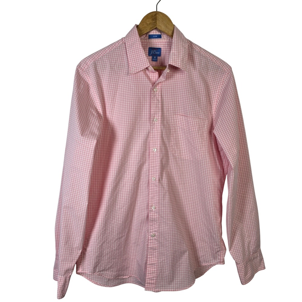 J.‎ Crew Mens Slim Fit Pink Gingham Stretch Button Down Shirt Size M